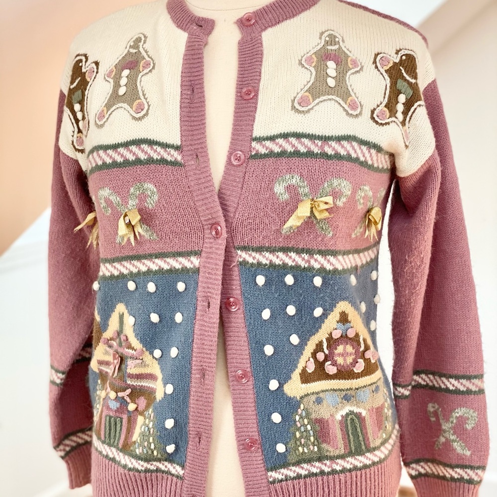 Vintage Pink Holiday Gingerbread Cardigan